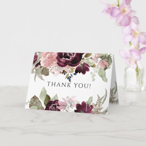 Burgundy Pink Floral Wedding Photograph Thank You Card