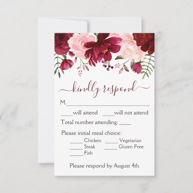 Burgundy Pink Floral Wedding RSVP Card (Front)