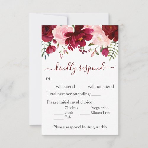 Burgundy Pink Floral Wedding RSVP Card