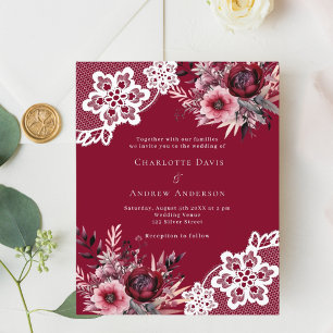 Burgundy pink floral white lace wedding invitation