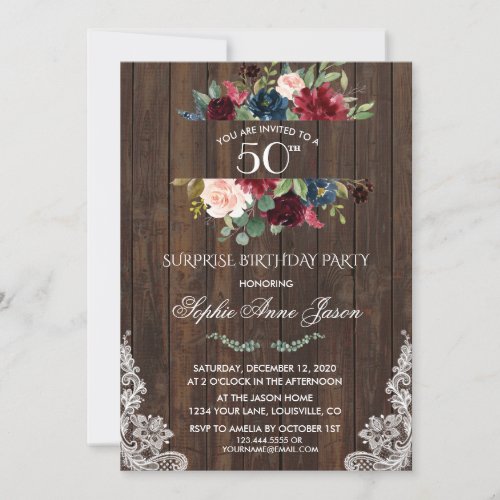 Burgundy Pink Floral Wood Lace 50th Birthday Party Invitation