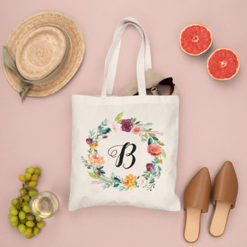 Burgundy Pink Floral Wreath Bridesmaid Initial Tote Bag by Plush_Paper at Zazzle