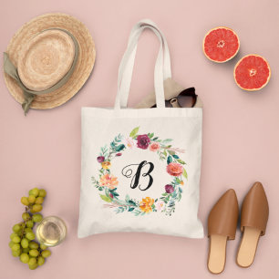 Burgundy Pink Floral Wreath Monogram Initial Tote Bag