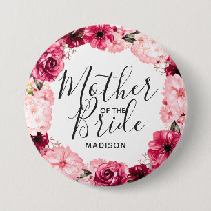 Burgundy & Pink Floral Wreath Mother of the Bride Button