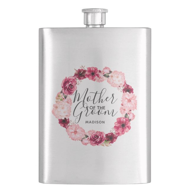 Burgundy & Pink Floral Wreath Mother of the Groom Flask (Front)