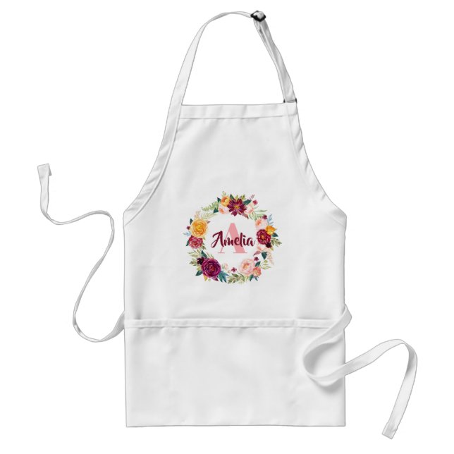 Burgundy & Pink Floral Wreath Name & Initial Kids Adult Apron (Front)