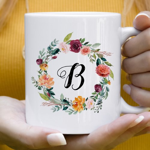 Burgundy Pink Floral Wreath Script Initial Coffee Mug