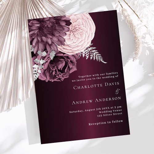 Burgundy pink florals elegant wedding invitation