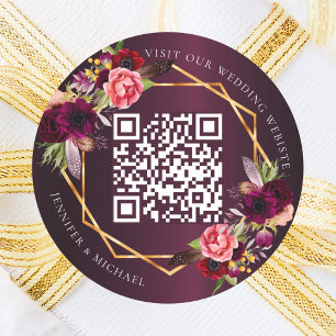 Burgundy pink florals gold geometric QR wedding Classic Round Sticker