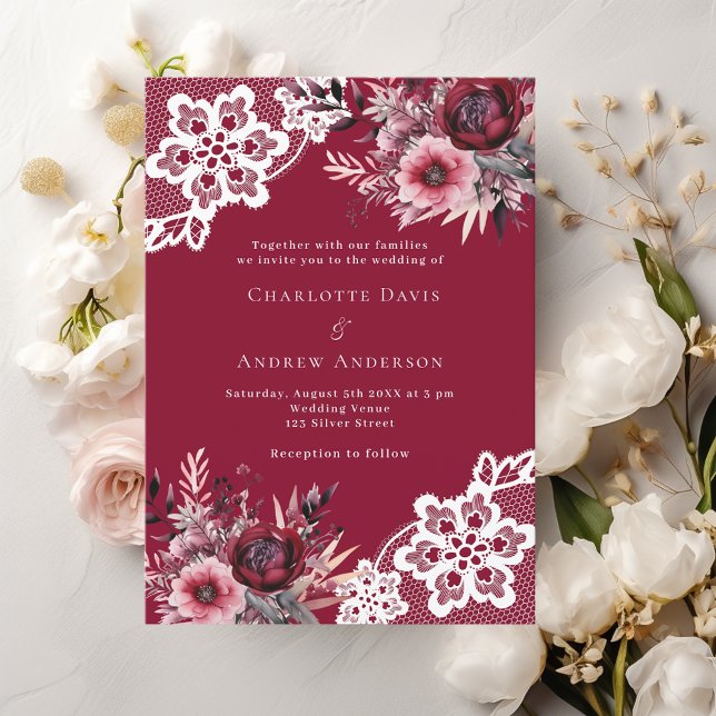 Burgundy pink florals white lace premium wedding invitation (Creator Uploaded)