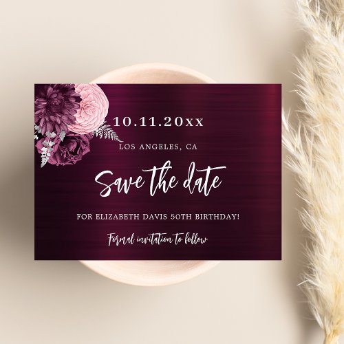 Burgundy pink flowers 50th birthday save the date