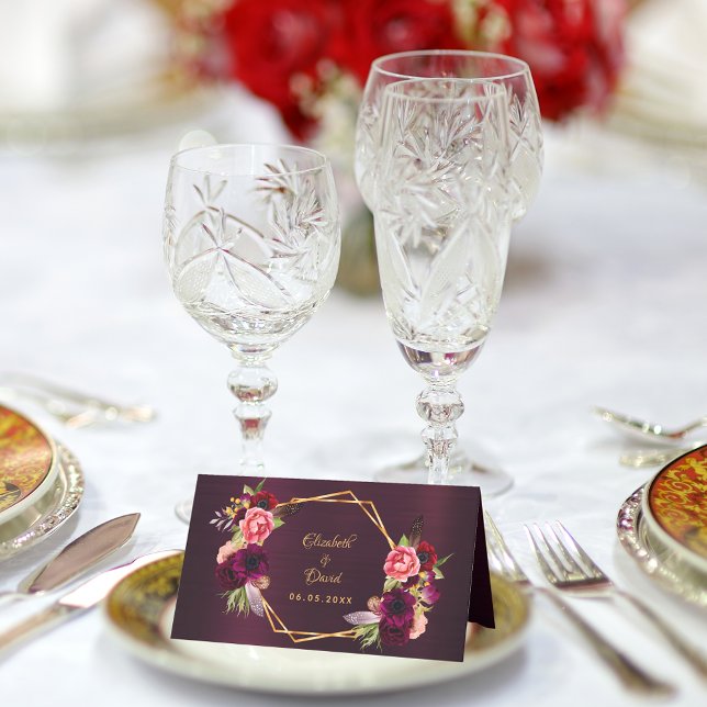 Burgundy pink flowers boho wedding place card (Creator Uploaded)