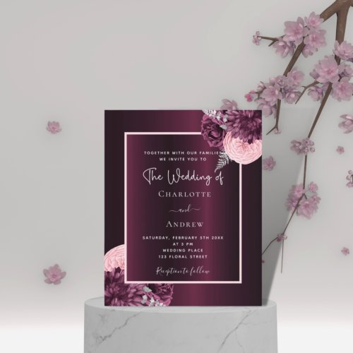Burgundy pink flowers budget wedding invitation