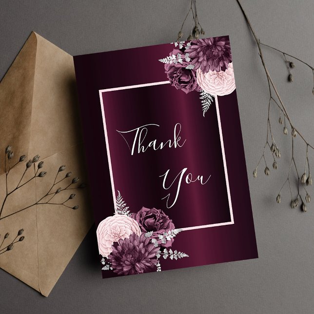 Burgundy pink flowers elegant glamorous thank you card (Creator Uploaded)