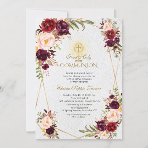 Burgundy Pink Flowers Gold First Holy Communion Invitation