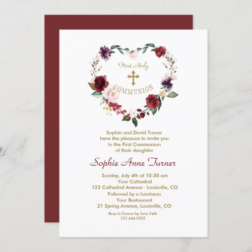 Burgundy Pink Flowers Gold First Holy Communion Invitation