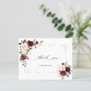 Burgundy Pink Flowers Gold Glitter Frame Wedding Thank You Card