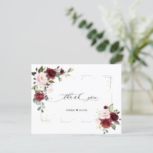 Burgundy Pink Flowers Gold Glitter Frame Wedding  Thank You Card