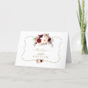 Burgundy Pink Flowers Gold Glitter Sparkle Baptism Thank You Card