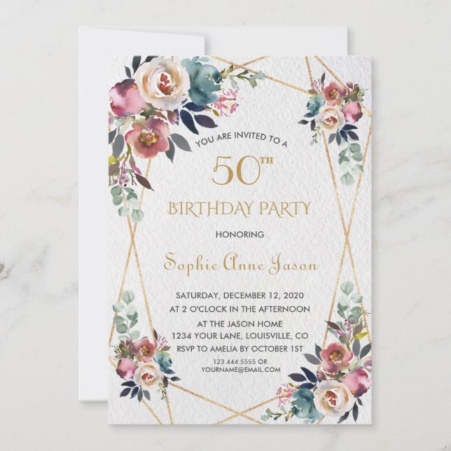 Burgundy Pink Flowers Gold Marble 50th Birthday Invitation (Front)