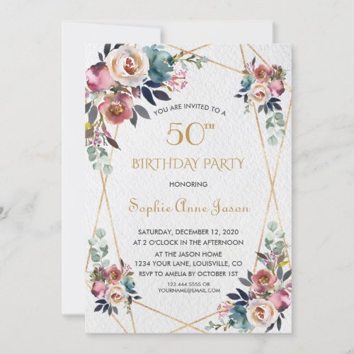 Burgundy Pink Flowers Gold Marble 50th Birthday Invitation