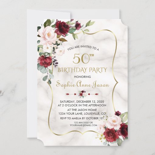 Burgundy Pink Flowers Gold Marble 50th Birthday Invitation | Zazzle