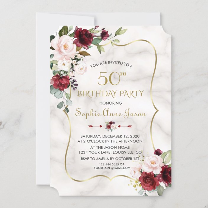 Burgundy Pink Flowers Gold Marble 50th Birthday Invitation | Zazzle.com