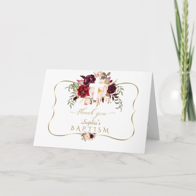 Burgundy Pink Flowers Gold White Cross Baptism Thank You Card (Front)