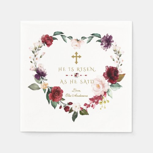 Burgundy Pink Flowers He Is Risen Gold Easter Napkins