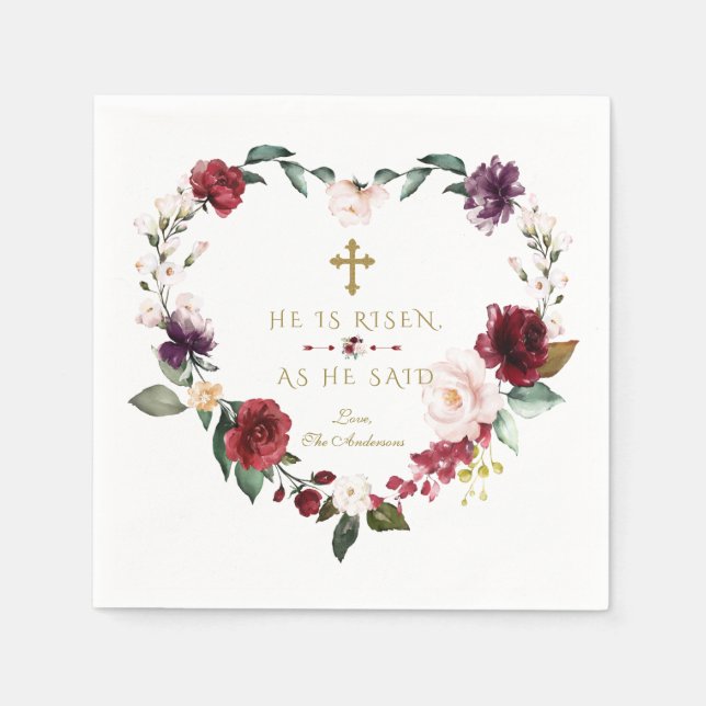 Burgundy Pink Flowers He Is Risen Gold Easter Napkins (Front)