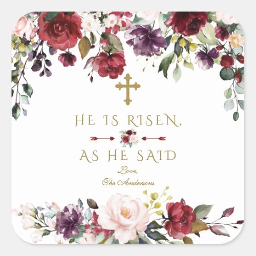 Burgundy Pink Flowers He Is Risen Gold Easter Square Sticker