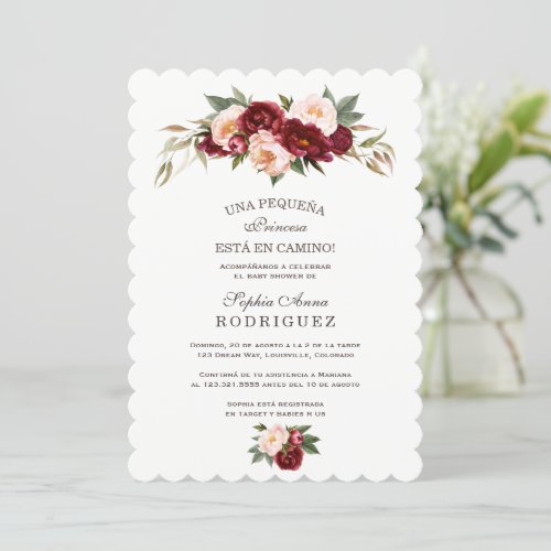 Burgundy Pink Flowers Invitacin de Baby Shower  Invitation