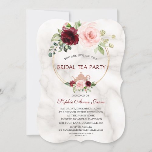 Burgundy Pink Flowers Marble Bridal Tea Party Invitation