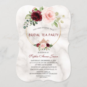 Burgundy Pink Flowers Marble Bridal Tea Party Invitation