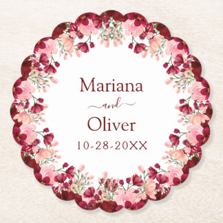 Burgundy Pink Flowers Wedding Paper Coaster