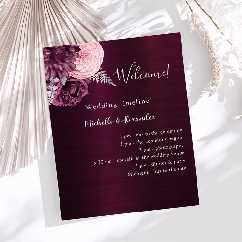 Burgundy pink flowers wedding program flyer
