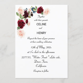 Burgundy Pink Forest Green wedding Invitation