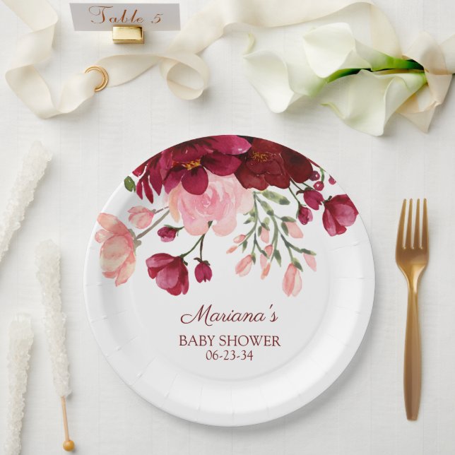 Burgundy Pink Girl Baby Shower Paper Plates (Wedding)