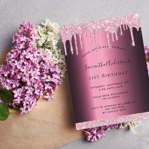 Burgundy pink glitter drips birthday postcard
