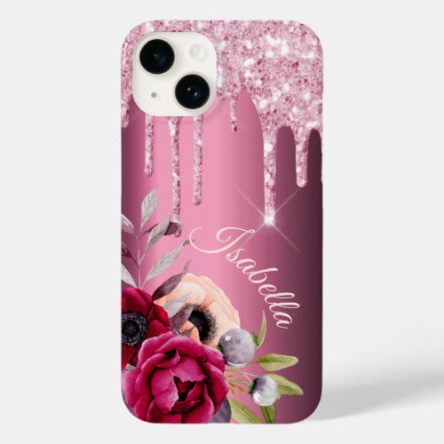 Burgundy pink glitter drips florals name Case_Mate iPhone 14 case