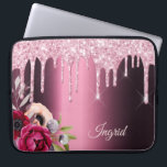 Burgundy pink glitter drips flowers name laptop sleeve<br><div class="desc">Pink faux glitter drip,  paint drip look on a burgundy faux metallic looking background. Burgundy and rose gold colored Flowers. Template for Your name.  The name in pastel pink is written with a modern and trendy hand lettered style script.</div>