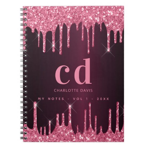 Burgundy pink glitter drips monogram notebook