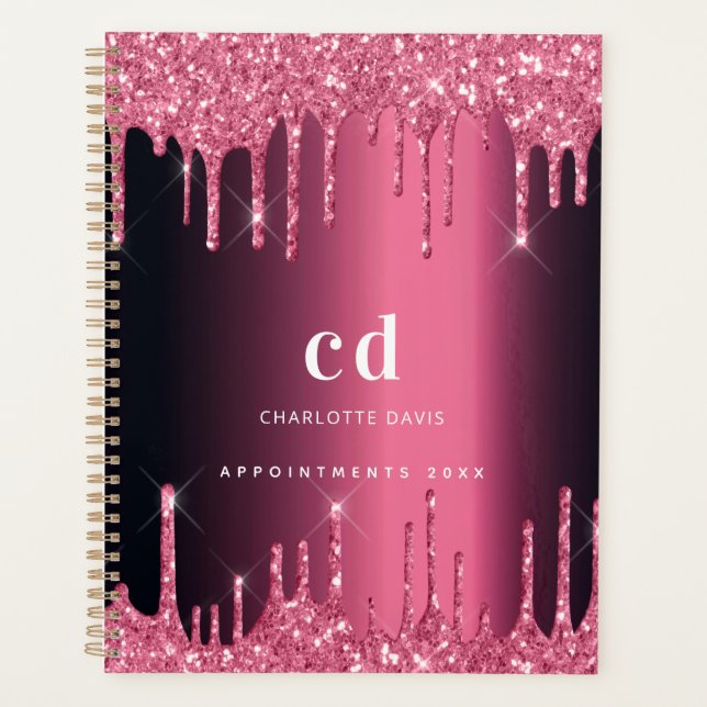 Burgundy pink glitter drips monogram planner (Front)