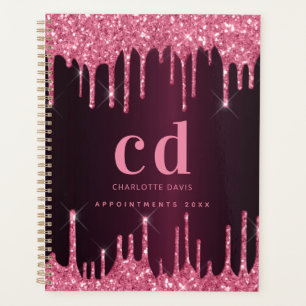 Burgundy pink glitter drips monogrammed planner