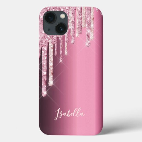 Burgundy pink glitter drips name script iPhone 13 case