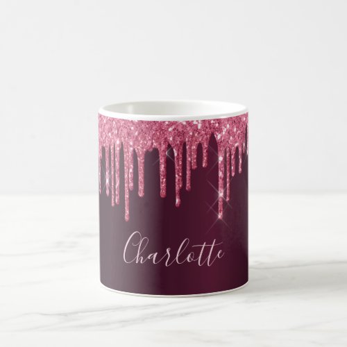 Burgundy pink glitter drips name script coffee mug