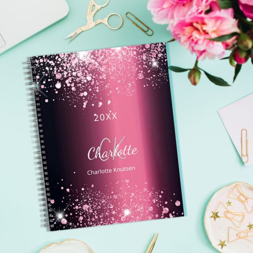 Burgundy pink glitter dust monogram name 2024 planner