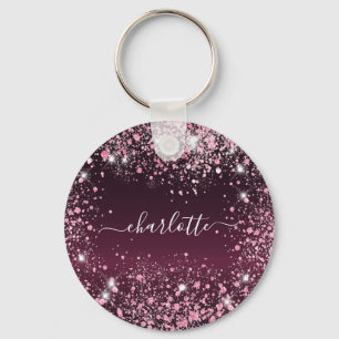 Burgundy pink glitter dust name script keychain