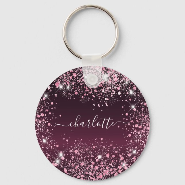 Burgundy pink glitter dust name script  keychain (Front)