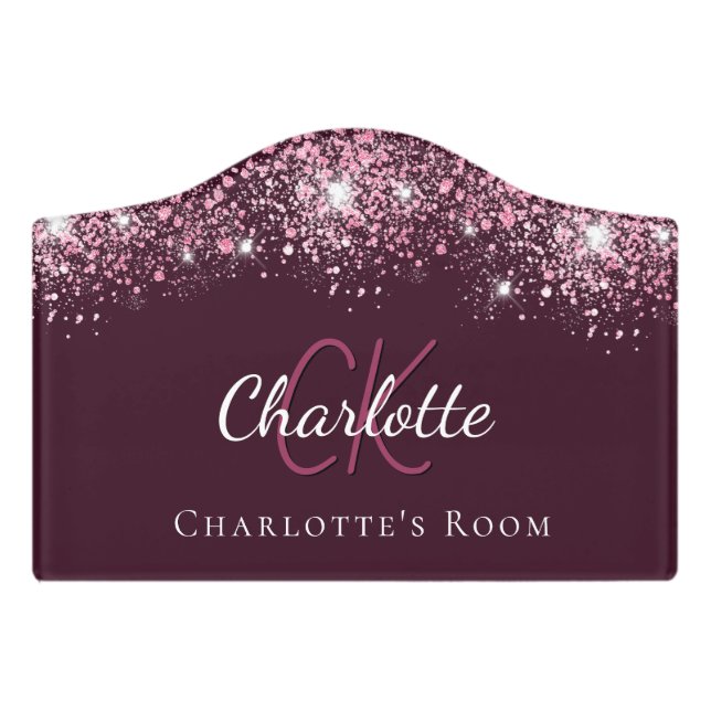 Burgundy pink glitter monogram name door sign (Small Crest Front)